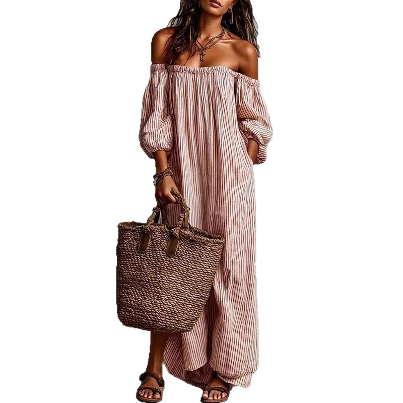 Off Shoulder Maxi Dress Solid Color Casual Loose Fit Summer Style Perfect for Vacation and Relaxation Wholesale