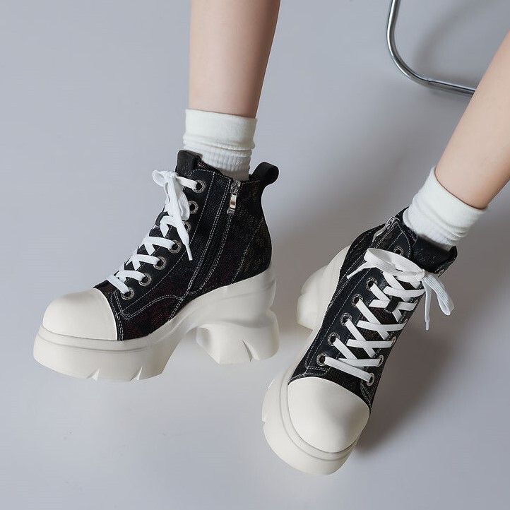 Boot nữ cổ ngắn tăng chiều cao 10cm gót thô đế dày phối màu — Lót nhung họa tiết hoa trắng đen, Lót nhung màu trắng đen, Màu hoa văn trắng đen, lót đơn, Màu trắng đen trơn, lót đơn