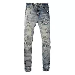 Amir Splatter Ink Ripped Blue Distressed Washed Stretch Jeans Men's High Street Slim Trendy Skinny Pants Ins