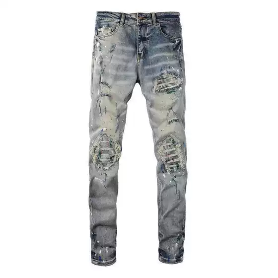 Amir Splatter Ink Ripped Blue Distressed Washed Stretch Jeans Men's High Street Slim Trendy Skinny Pants Ins