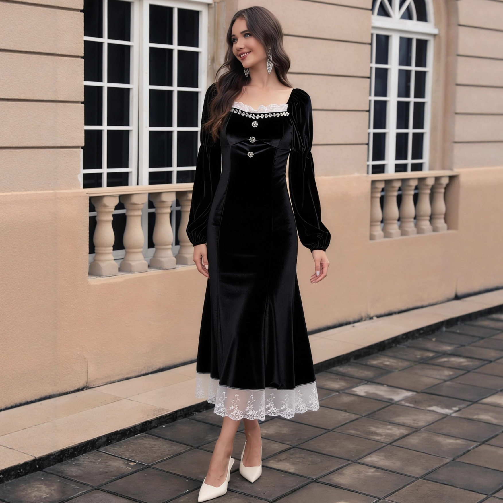 French Velvet Long Dress Black Elegant Waist Defined Autumn Winter Fashion Wholesale Available