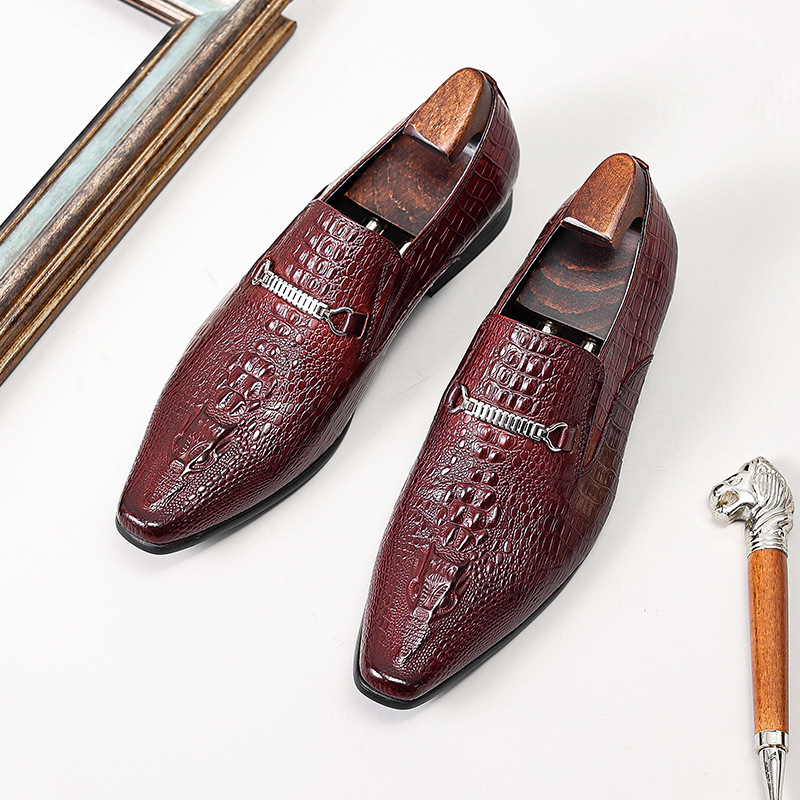 Giày lười nam mũi nhọn da bò thật dập nổi, giày slip-on công sở — Màu đen, Màu đỏ rượu