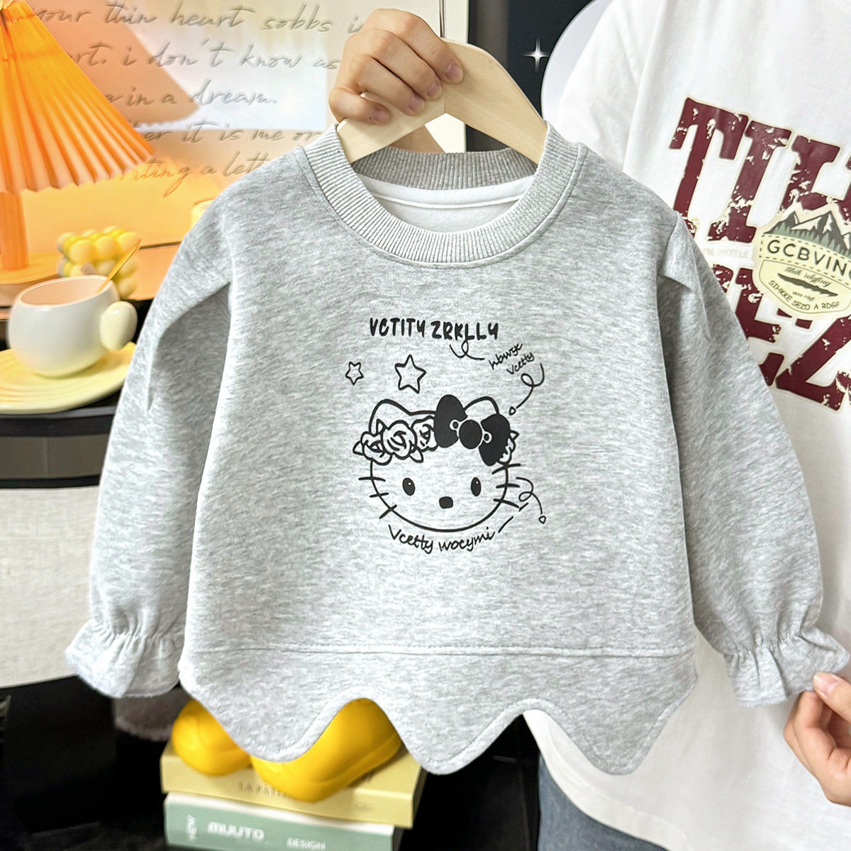 Girls' Autumn Crew Neck Hoodie, Wave Hem Solid Color Pullover, Spring & Autumn Casual Hoodie