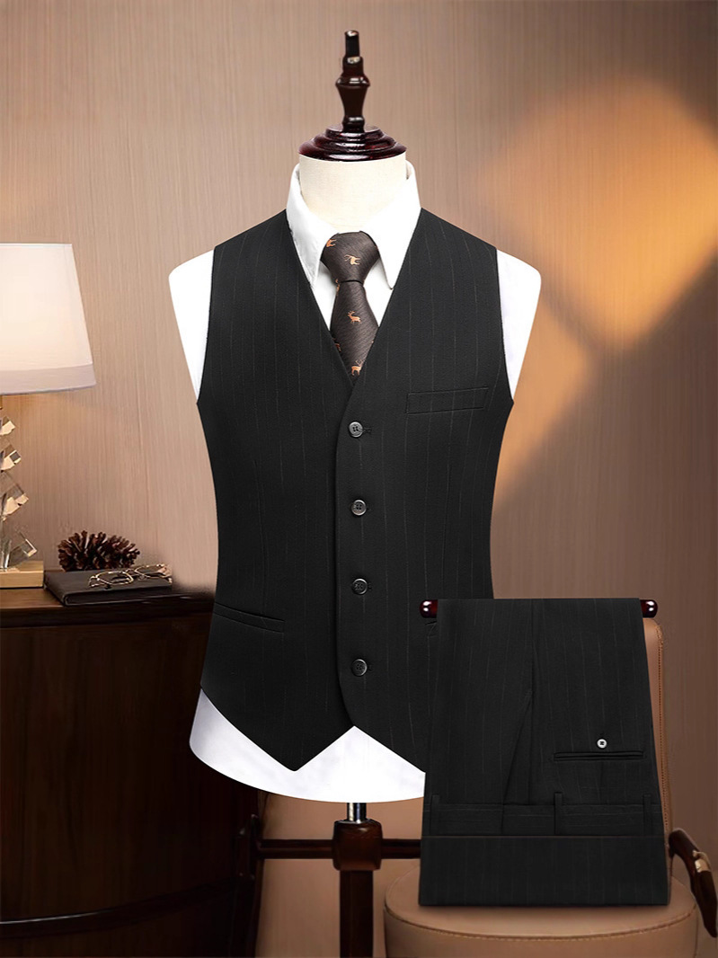 Bộ vest nam ba mảnh ve nhọn hai hàng khuy dáng ôm — Sọc đen quý ông (áo + quần), Sọc đen quý ông (áo + vest + quần)
