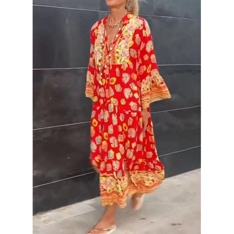 Floral Print Maxi Dress Elegant Fit Flared Hem Long Sleeve Spring Fall Fashion for Women Wholesale Available
