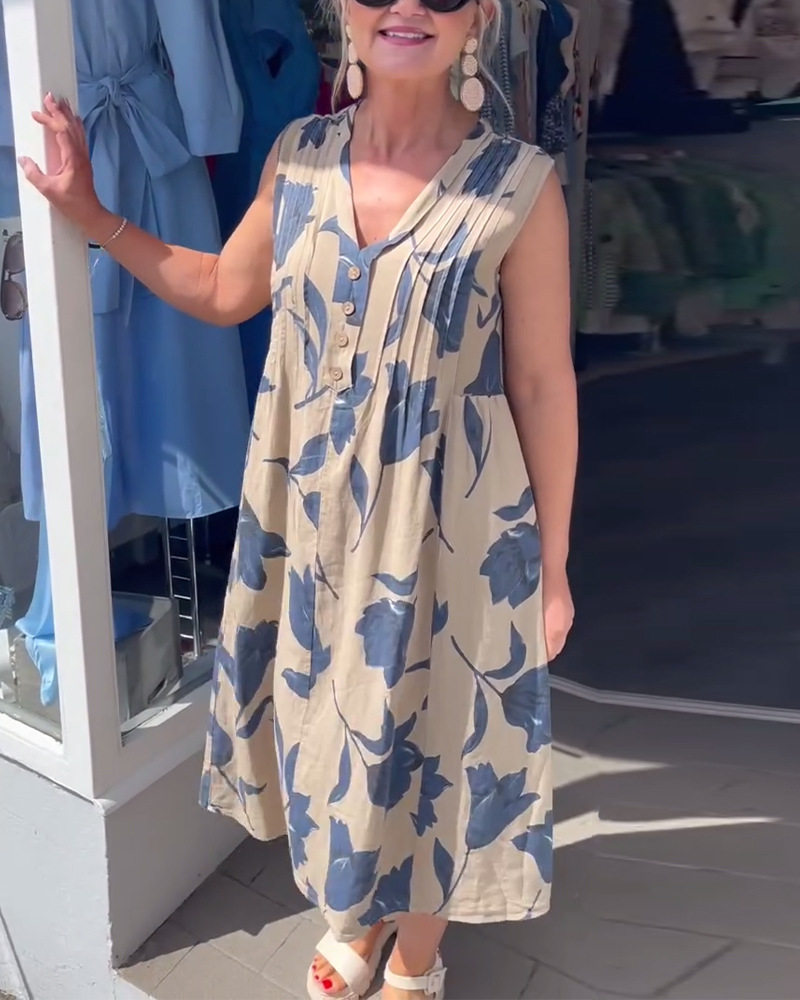 Summer Floral V Neck Button Sleeveless Dress Loose Fit Casual Style Perfect for Everyday Wear Wholesale Available