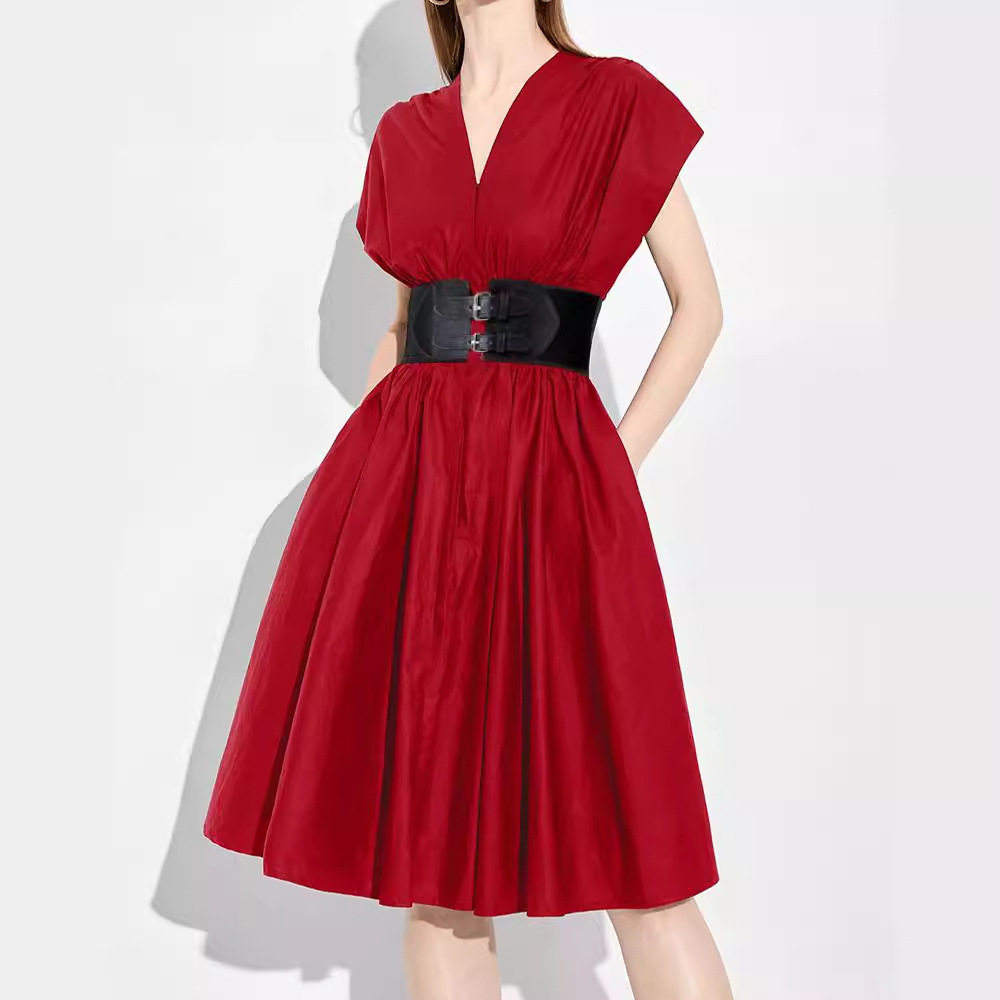 Đầm maxi nữ thắt eo cổ V tay ngắn — Đỏ