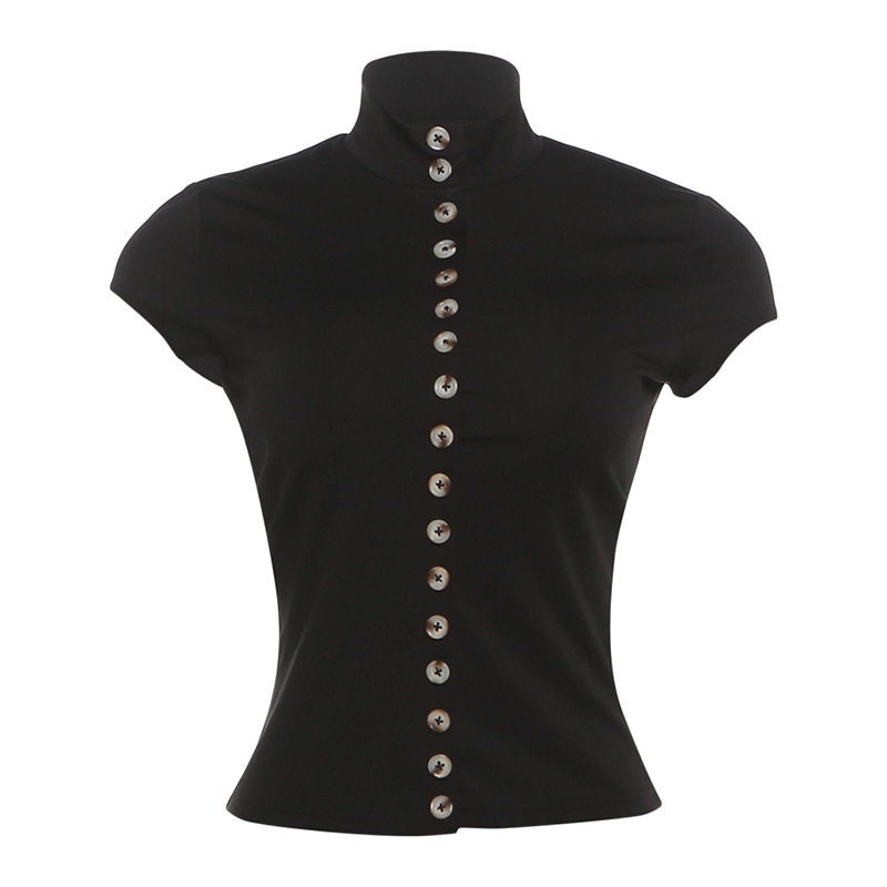 Womens Summer High Neck Button Detail Hollow Out Top Slim Fit Short Sleeve Solid Color Casual Wear Wholesale