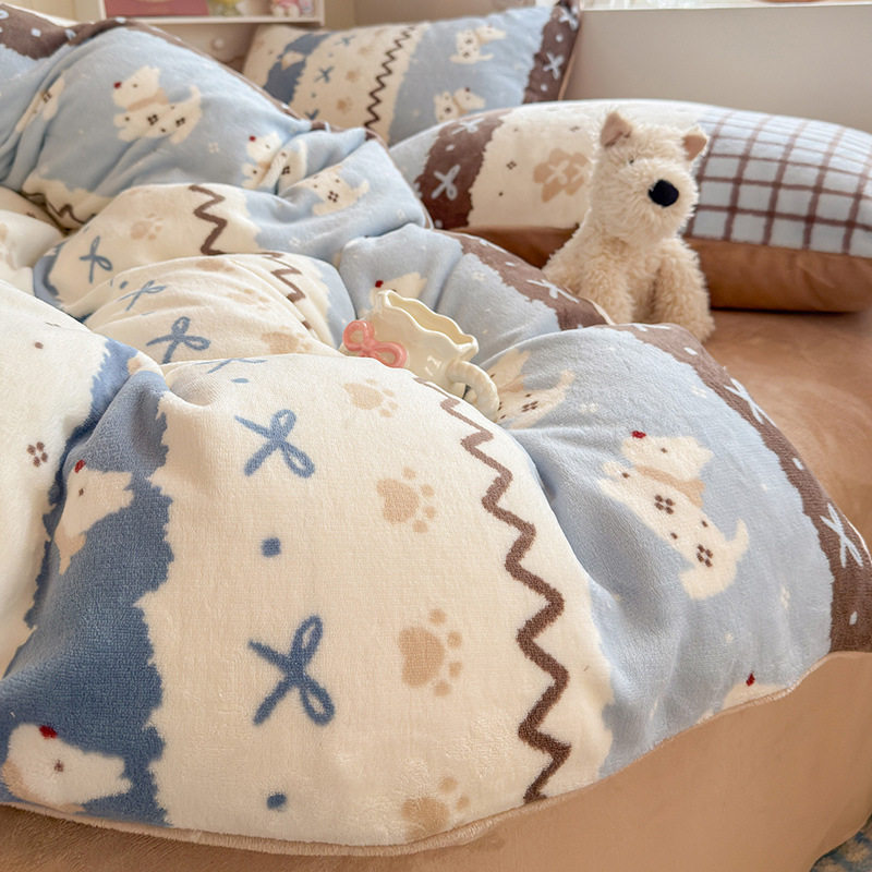 Ins Thickeneded Milk Velvet Four-Piece Winter Fleece-Lined Quilt Cover French Velvet Dormitory Three-Piece Fitted Sheet Wholesale Delivery