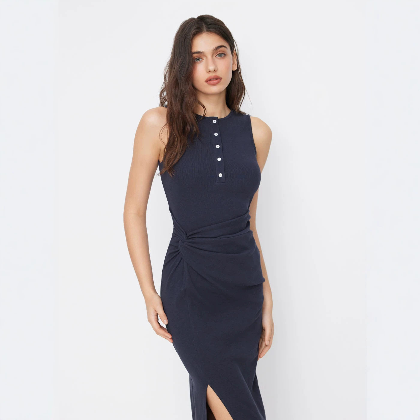 Knot Detail Bodycon Dress Sleeveless Round Neck Side Slit Knitted Fabric Elegant Style Perfect for Parties and