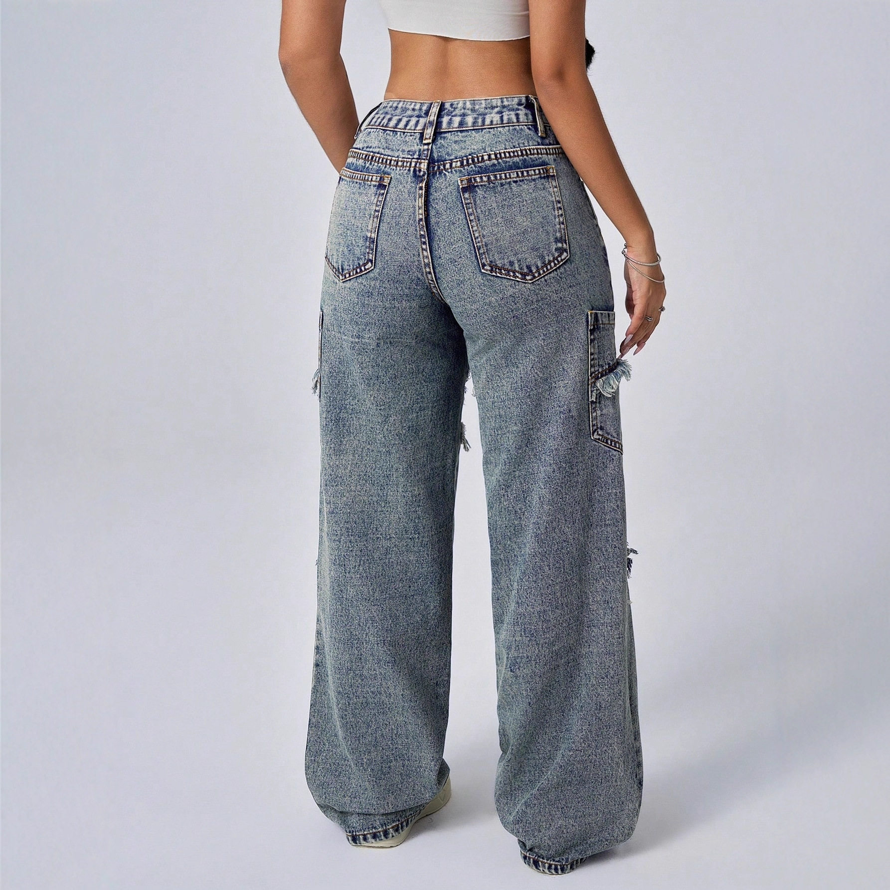 Wide Leg Denim Trousers Distressed Hem Patchwork Design Loose Fit Casual Wear for Women Wholesale Available