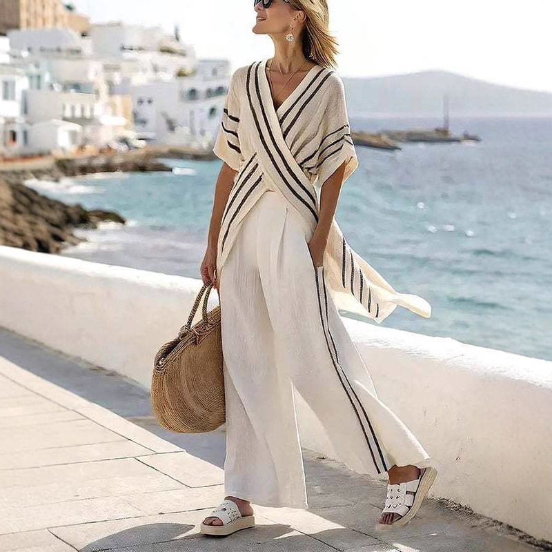 Fashionable Striped Cross Front Top and Wide Leg Pants Set Loose Fit Autumn Collection Casual Wear OEM Available