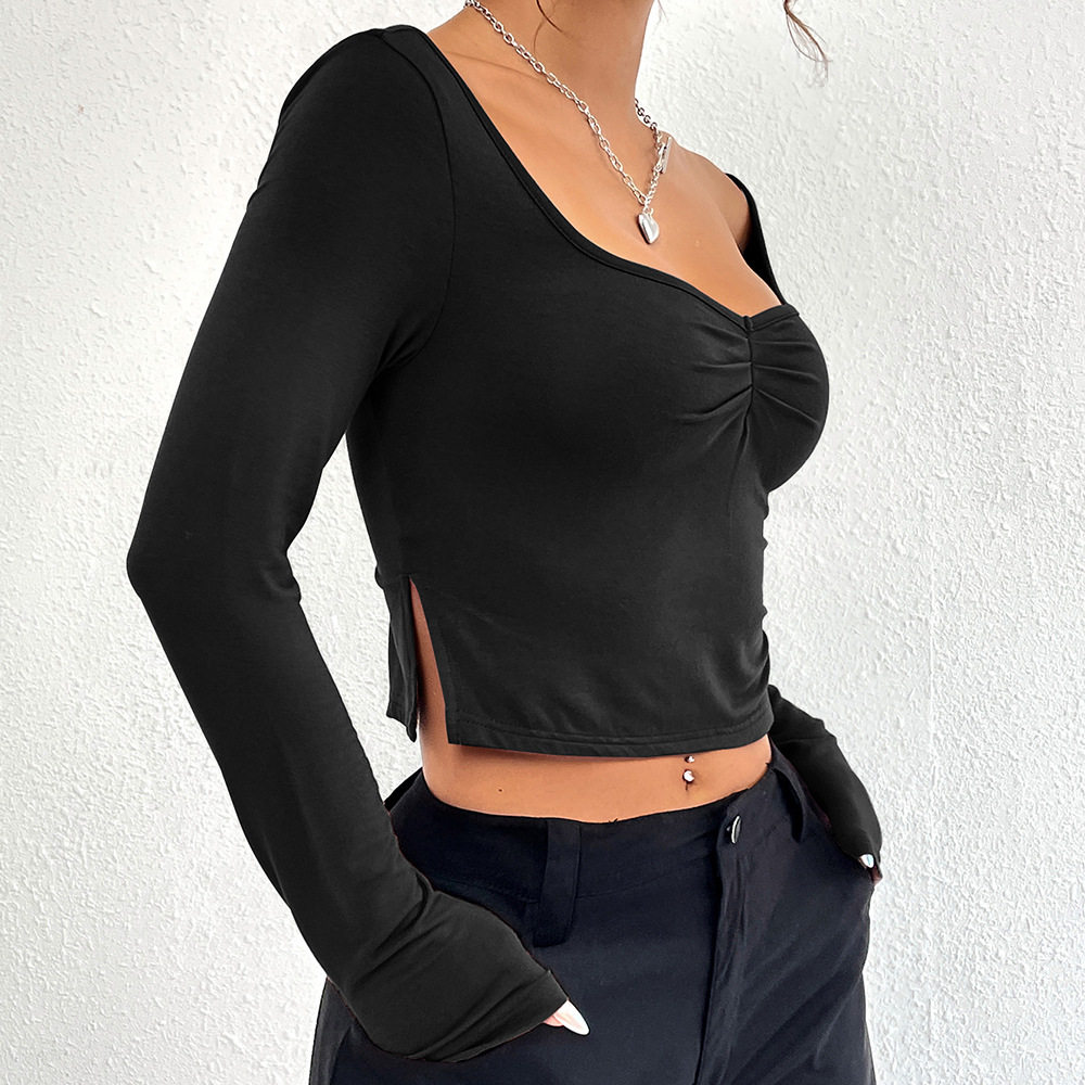 Slim Fit Long Sleeve T Shirt V Neck Side Slit Sexy Design Autumn Winter Womens Fashion Wholesale Available