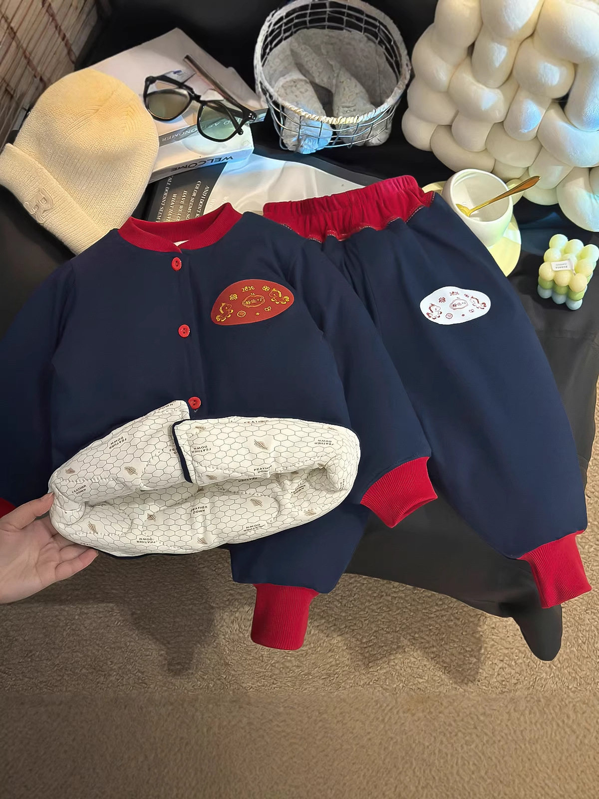 Children's Color-Block Padded Loungewear, Boys & Girls Thickened Cardigan Cotton Jacket, Winter Thermal Three-Layer Padded Temperature-Sensing Set