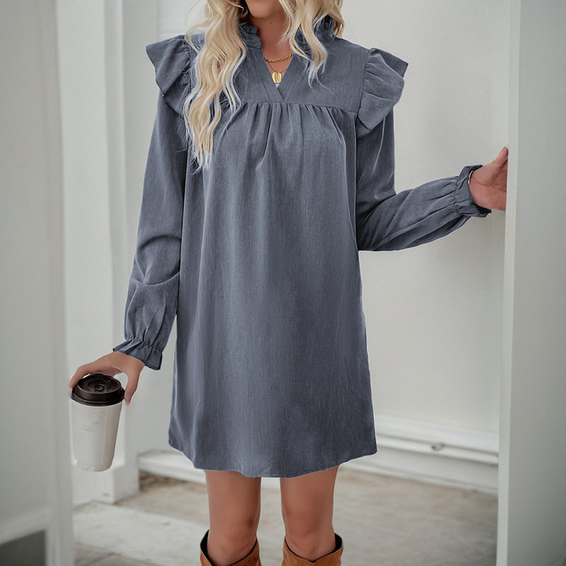 Long Sleeve Ruffle Hem Dress Loose Fit Solid Color Stand Collar Casual Wear Spring Fall Wholesale Available