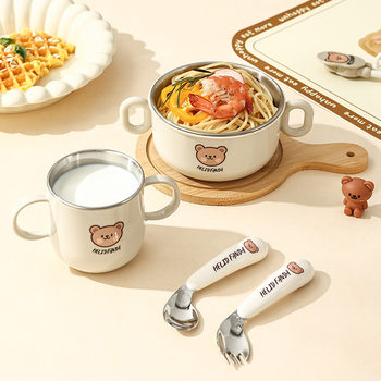 Children's Special Food Bowl Baby Stainless Steel Anti-fall Anti-scalding Double Handle Bowl Food Grade Multifunctional Tableware suit