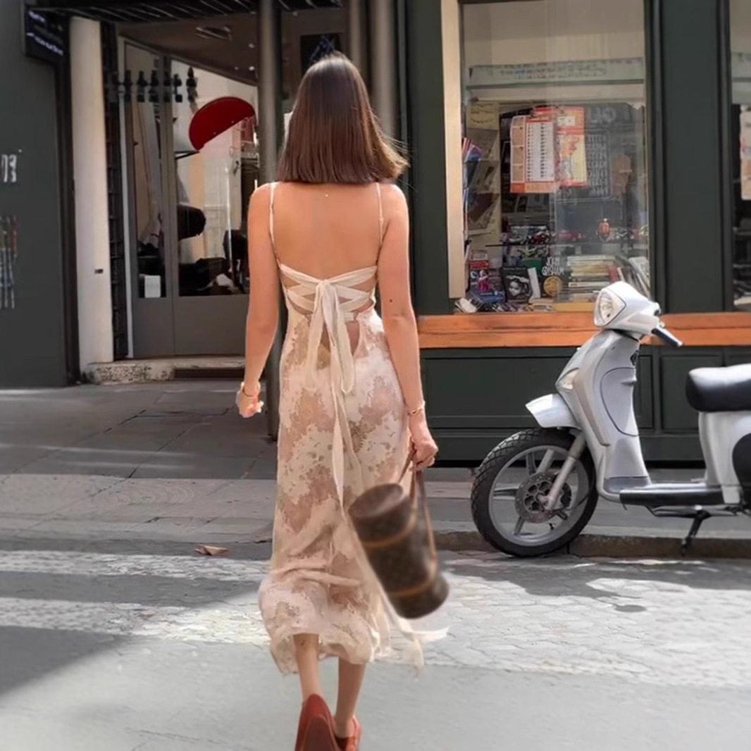 Elegant Vintage Backless Maxi Dress Sexy Low Cut Adjustable Straps Autumn Fashion Wholesale Available