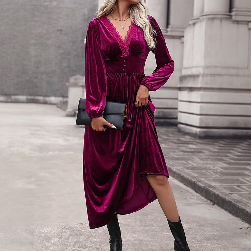 Velvet Long Sleeve Dress Solid Color Elegant Style Autumn Winter Wear Wholesale Available bulk order