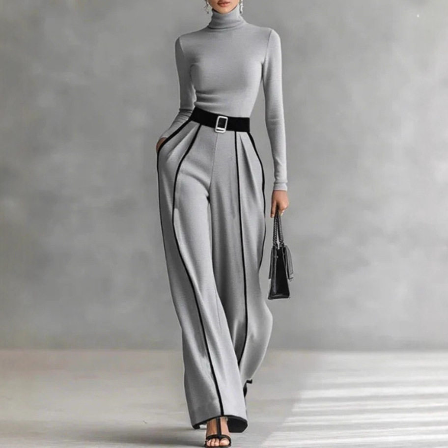 Womens Color Block Long Sleeve Top and High Waisted Wide Leg Pants Set Winter Collection Casual Chic Style Wholesale