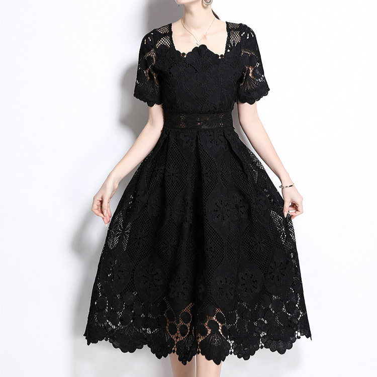 Elegant Short Sleeve Lace Dress for Women High End Fashion Hollow Out Waist Defining French Style Perfect for