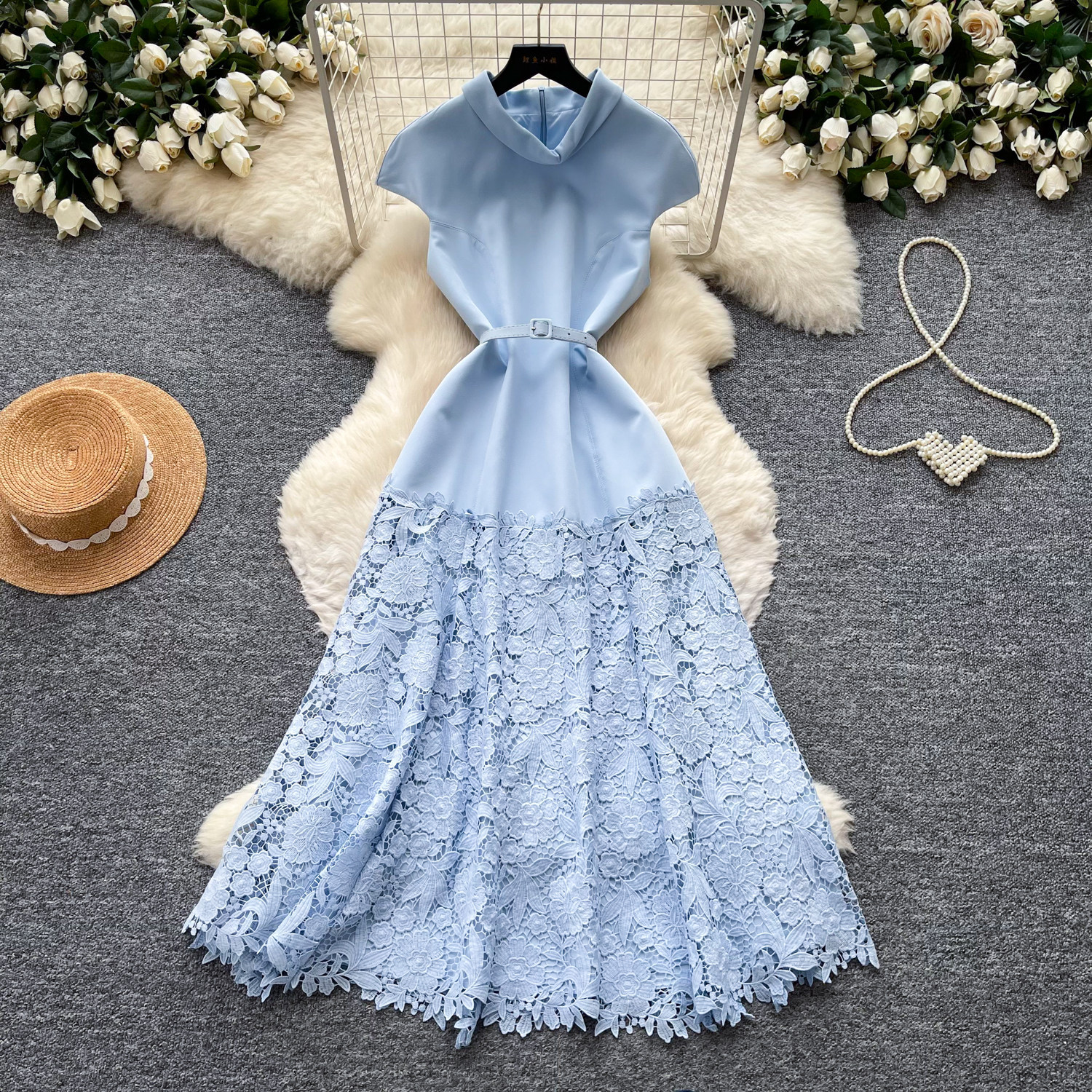 Elegant Lace Trimmed A Line Dress High Waist Slim Fit Summer Fashion Perfect for Parties and Special Occasions