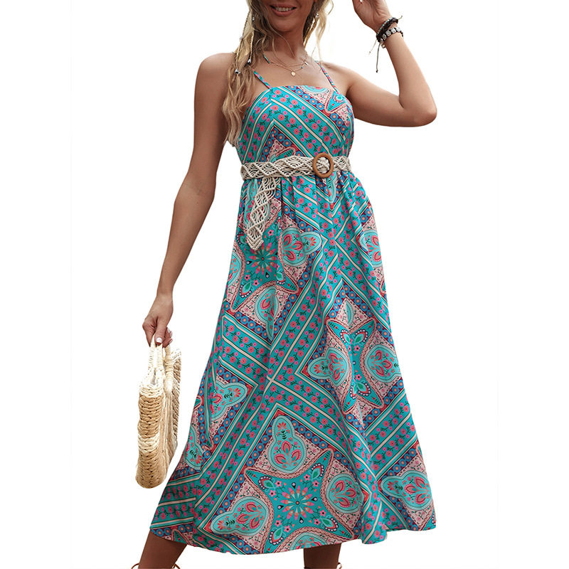 Vintage Inspired Floral Print Maxi Dress Waist Defining Sleeveless Bohemian Style Perfect for Summer Vacations