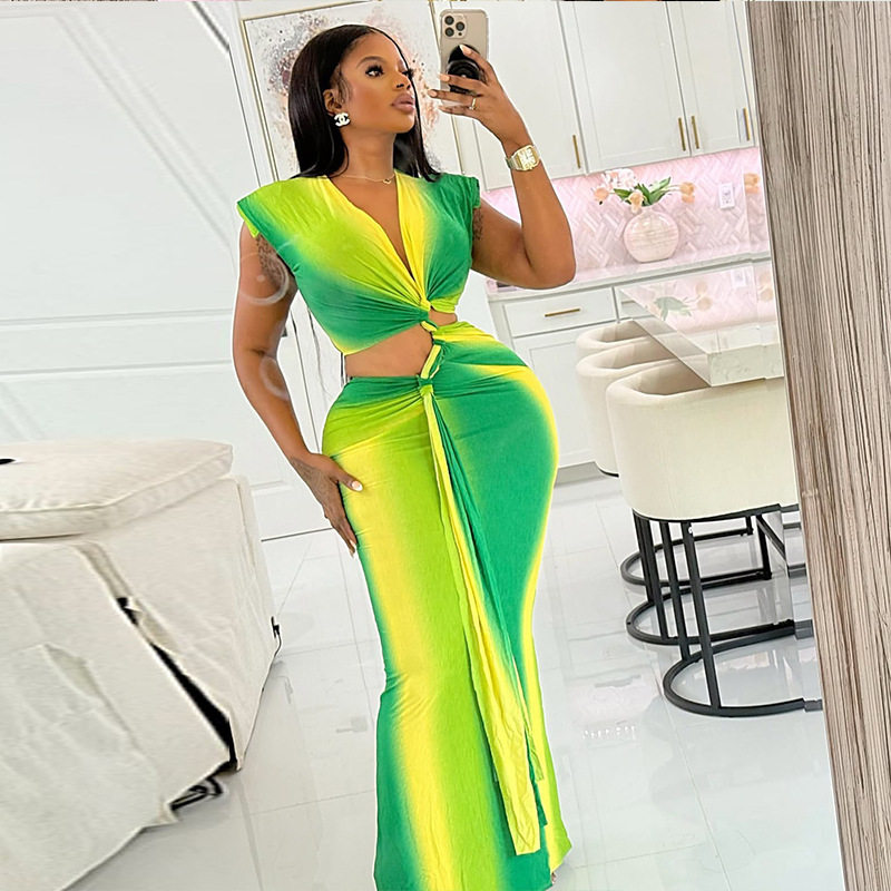 Color Block Hollow Out Bodycon Dress Gradient V Neck Long Sleeve Trendy Style Perfect for Streetwear or Casual Events