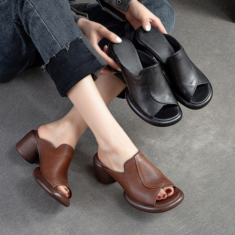 Giày Dép Lê Nữ Chất Liệu Da Bò Miệng Cá Hàng Mùa Hè Phục Cổ Cổ Điển