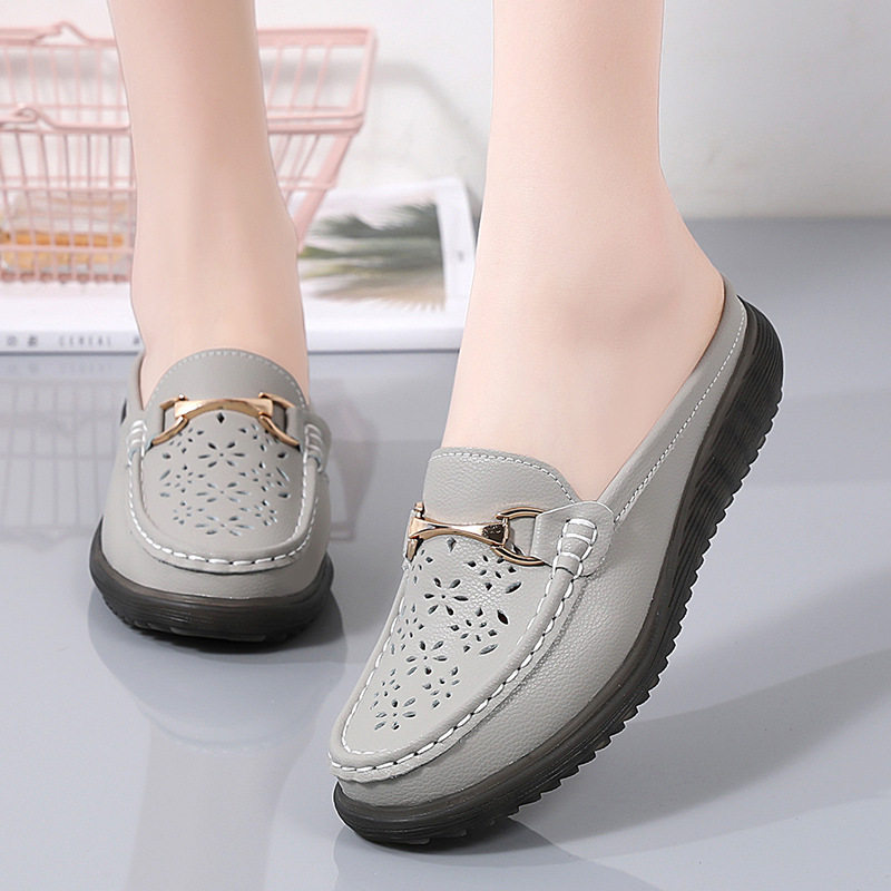 Spring and Summer Hollow Flat Bottom Baotou Slippers Comfortable plus size Moms Shoes Slip-on Loafers Women's Shoes