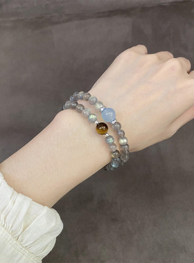 宇宙来信海蓝月光石虎眼石双层手串珠女手链小众设计小红书爆款