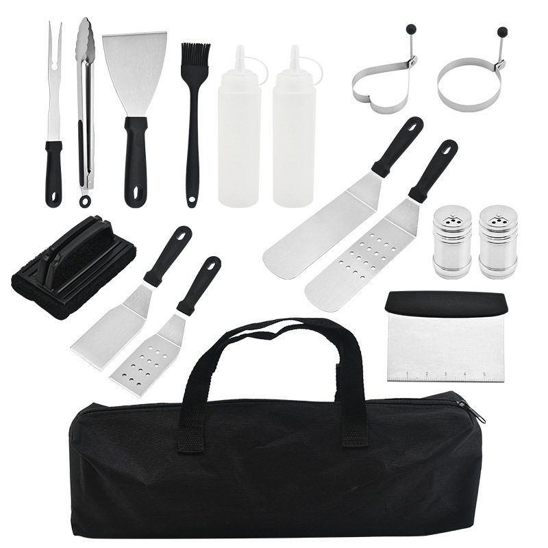 Amazon hot sale outdoor barbecue tools suit 17-piece stainless steel BBQ grill suit cooking shovel frying shovel