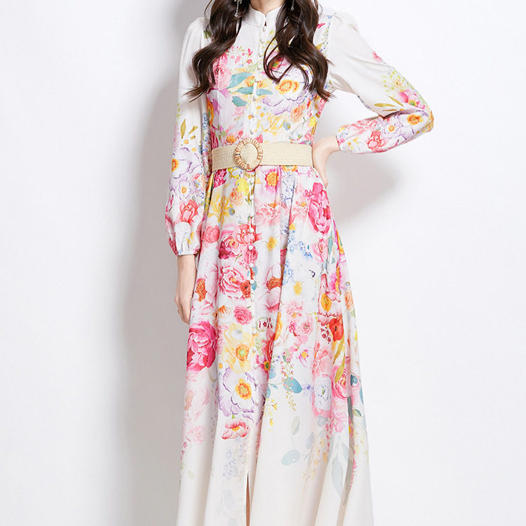 Vintage Floral Print Long Dress Stand Collar Lantern Sleeves Waist Defined Elegant Style Spring Fashion Wholesale