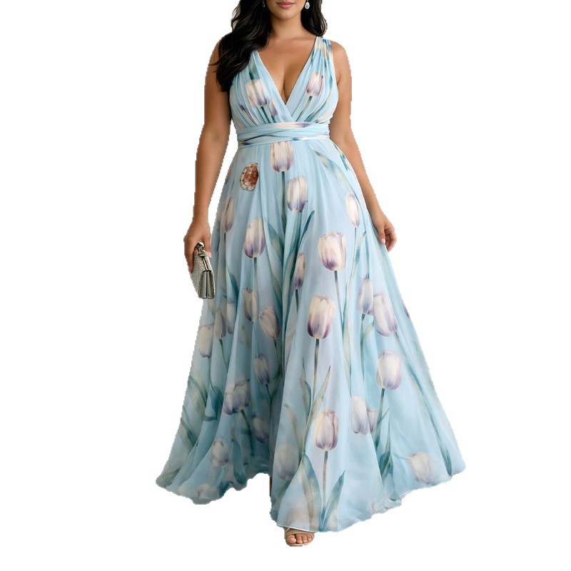 Floral Maxi Dress Summer Style Loose Fit V Neck Sleeveless Waist Defined Casual Wear Wholesale Available