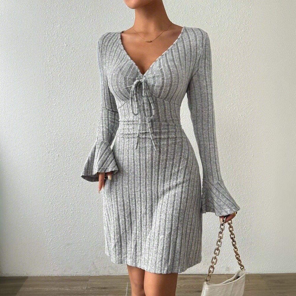 Elegant Gray Flared Sleeve Dress Slim Fit Short Length Minimalist Style Spring Summer Collection Wholesale Available