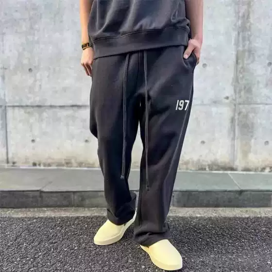 Essentials 1977 Flocking Sweatpants Autumn and Winter Straight High Street Loose Trendy Men's and Women's Long Pants Fog Line