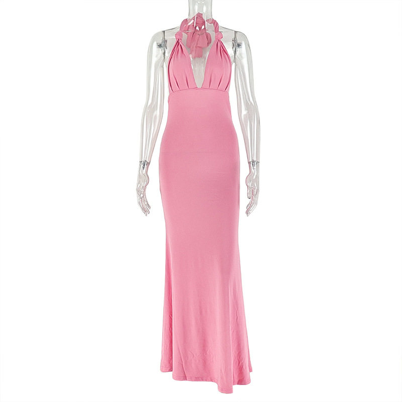 Elegant Womens Bodycon Dress Halter Neck Sleeveless Solid Color Backless Design Perfect for Parties and Events