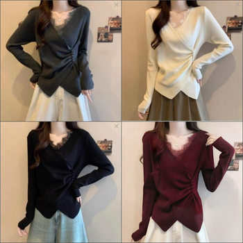 Autumn and Winter Fashionable Plus-Size Women's Lace V-Neck Long-Sleeved Knitwear with Elegant Commuting Style and Irregular Cross Slim Fit