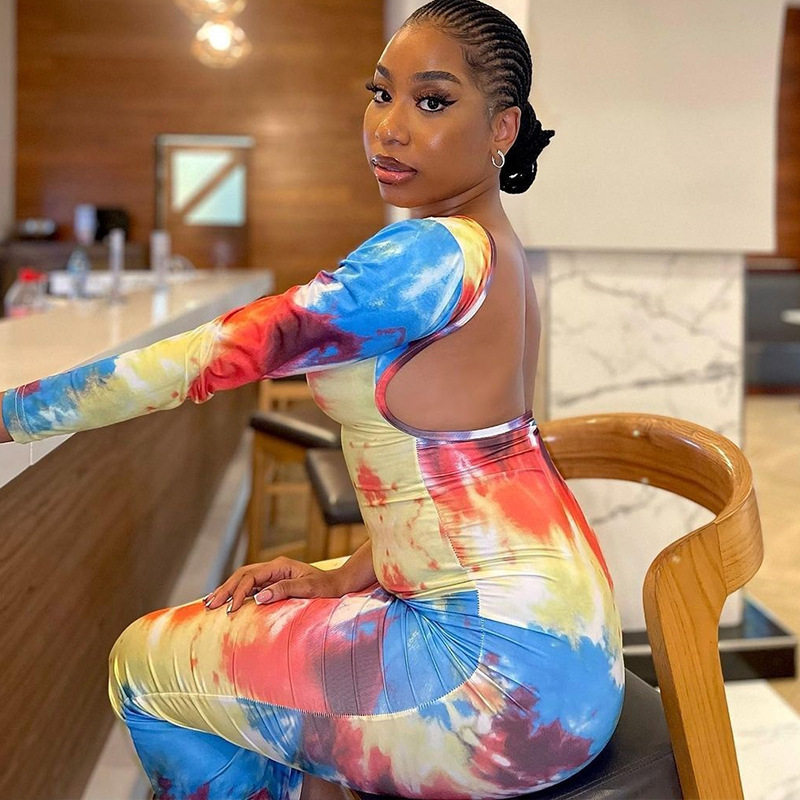 Spring European and American Style Fashionable Backless Dress Color Block Long Sleeve Bodycon Silhouette Streetwear