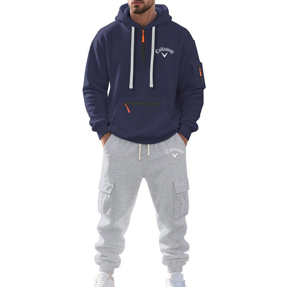 2025跨境男装亚马逊冬季加绒男士休闲套装宽松运动多口袋工装套装