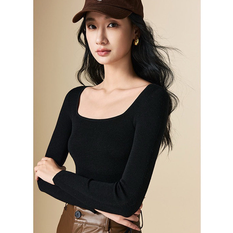 100%美丽诺羊毛方领针织衫修身显瘦薄款长袖上衣气质通勤打底衫女