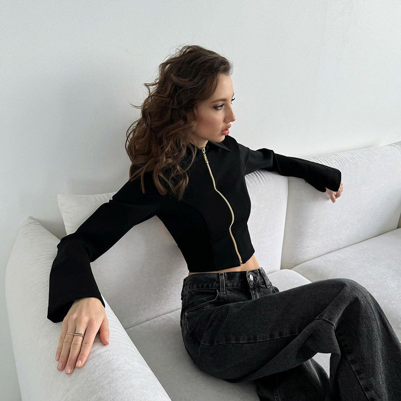 Womens Slim Fit Long Sleeve Zip Up Cardigan Sexy Backless Design American Style Casual Wear for Spring and Fall