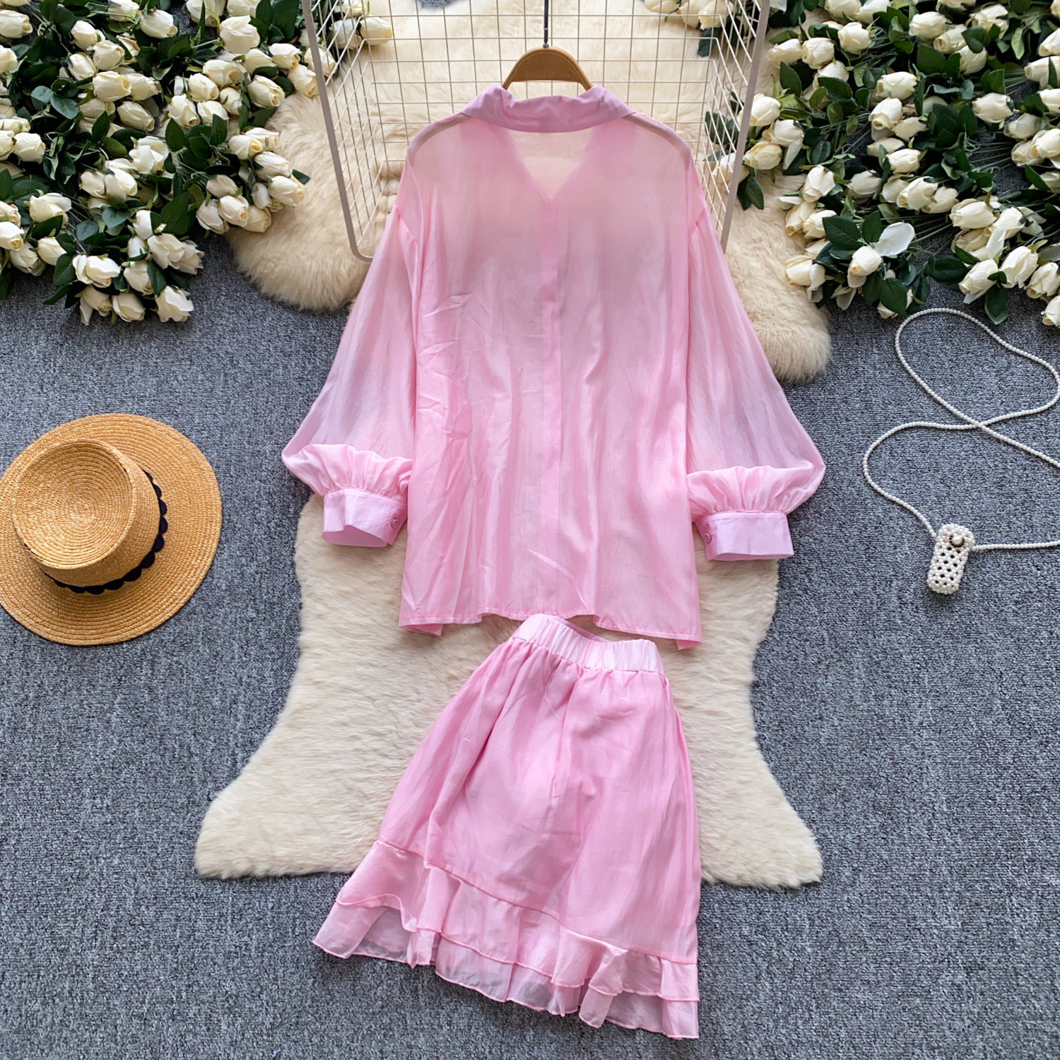Pink Floral Two Piece Set Elegant Shirt and Skirt Sweet Style for Early Summer Wholesale Available