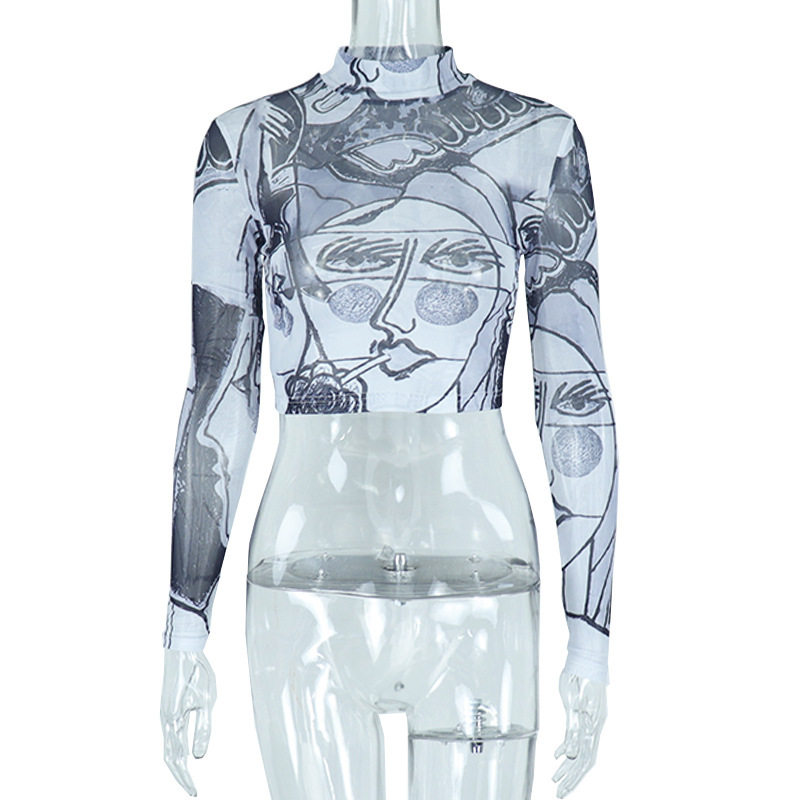 Womens High Waisted Cropped T Shirt Sexy Sheer Mesh Round Neck Long Sleeve Face Print Casual Wear Wholesale