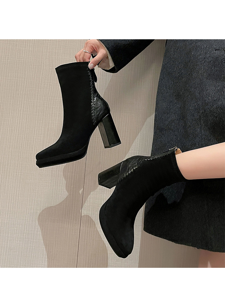 Boot nữ mũi nhọn gót thô cao 9cm cổ ngắn ôm chân phối da cừu — Lớp lót đơn màu đen, Lớp lót đơn màu nâu, Lót nhung đen, Lót nhung màu nâu