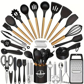 Cross-Border Dropshipping Wooden Handle Silicone Kitchen Tool Set 44 Pieces Non-Stick Cooking Oven Cooking Tools