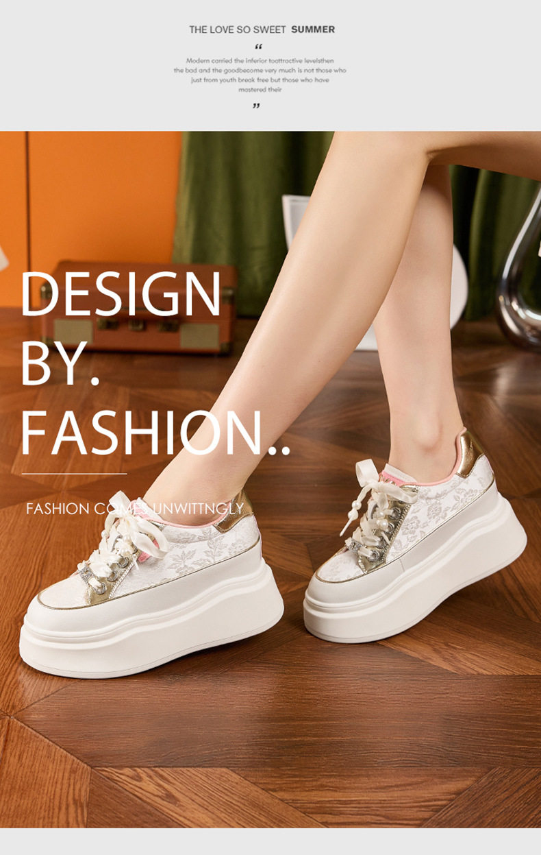 Giày sneaker nữ chunky đế dày phong cách Hàn Quốc, mũi tròn, dây buộc — Hồng vàng, Trắng chi tiết 8