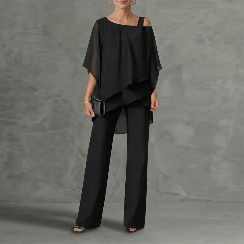 Womens Summer Outfit Set Stylish Solid Color Asymmetrical Neckline Batwing Sleeve Straight Pants Casual Wear
