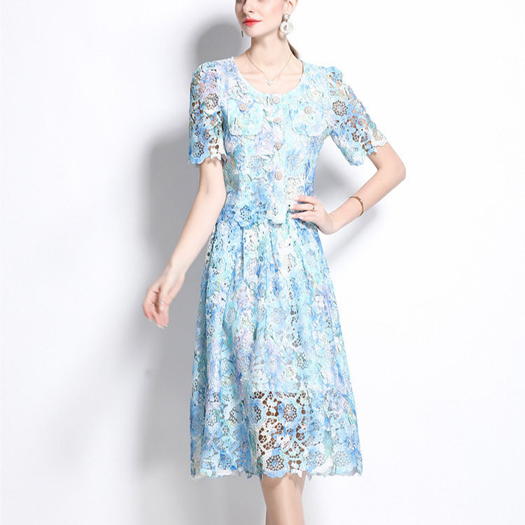 Chic Two Piece Set Elegant Sheer Lace Top with Short Sleeves Flattering Skirt Perfect for Summer Events Wholesale