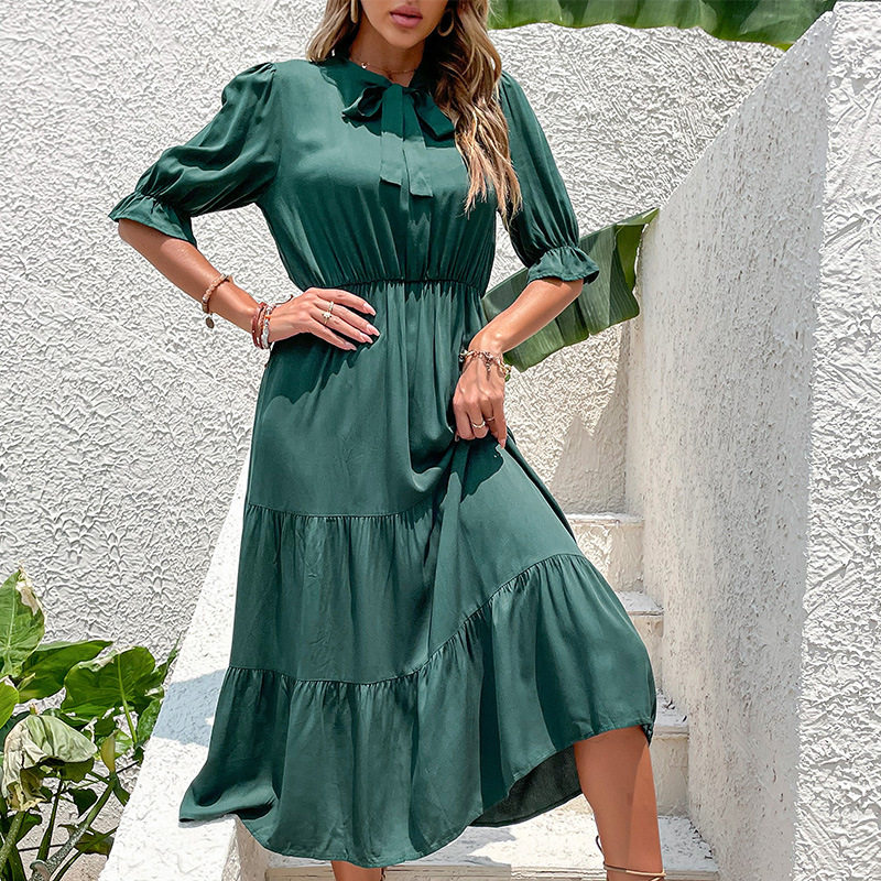 Elegant Vintage Short Sleeve Dress with Bow Decoration Soft Fabric Solid Color Summer Style Wholesale Available