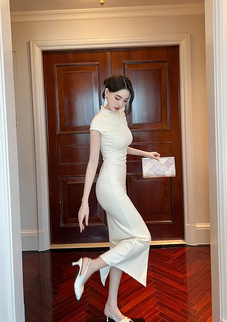 Đầm ôm body nữ cổ cao dáng dài mùa hè — [杏色], [黑色], [茶色], [红色] chi tiết 31